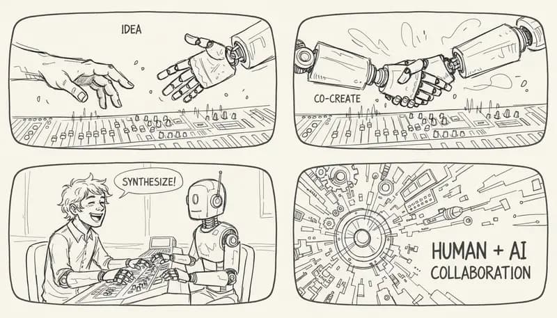 AI music production studio with digital interface and waveforms - modern music technology visualization - purple and cyan lighting