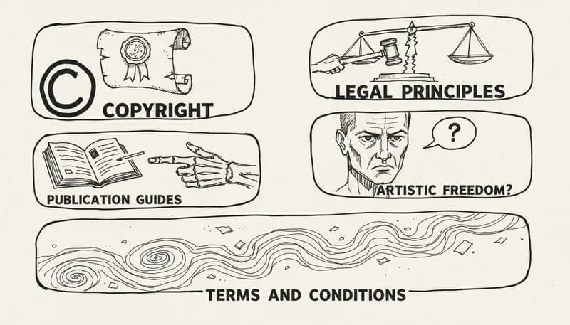 Legal document with copyright symbols and AI neural network overlay - official guidelines visualization - clean professional design