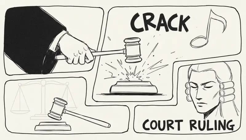 Courtroom scene with digital justice scales and music copyright symbols - landmark court ruling visualization - professional legal photography