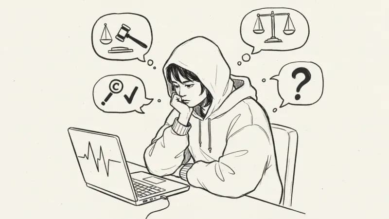 Creator considerations for AI music law - hand-drawn thinking person