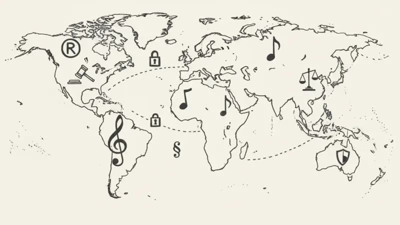 Global AI music regulations map - sparse world sketch