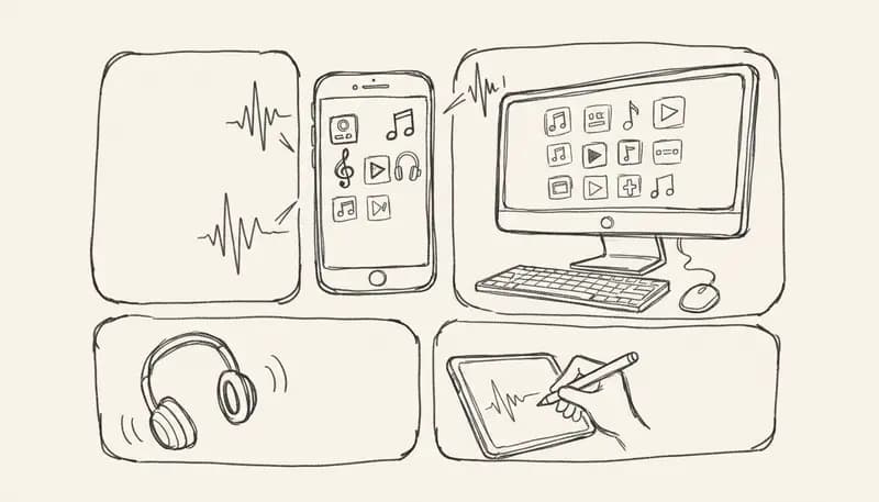 Grid of AI music app icons on smartphone and desktop