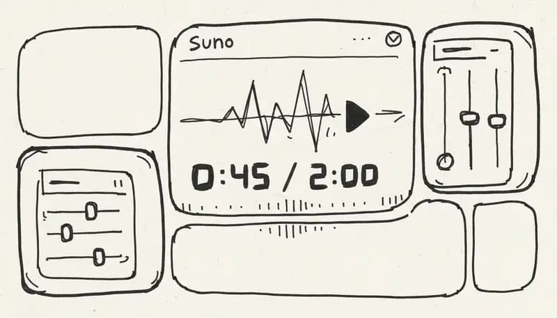 Suno AI interface showing song duration settings with music waveforms and timeline - professional music production aesthetic