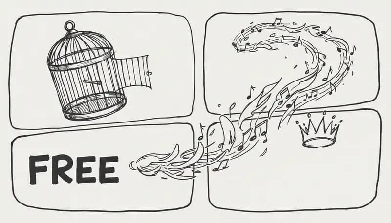 FREE and ROYALTY FREE text with musical notes and unlock icons - copyright-free concept - bright optimistic green and white design