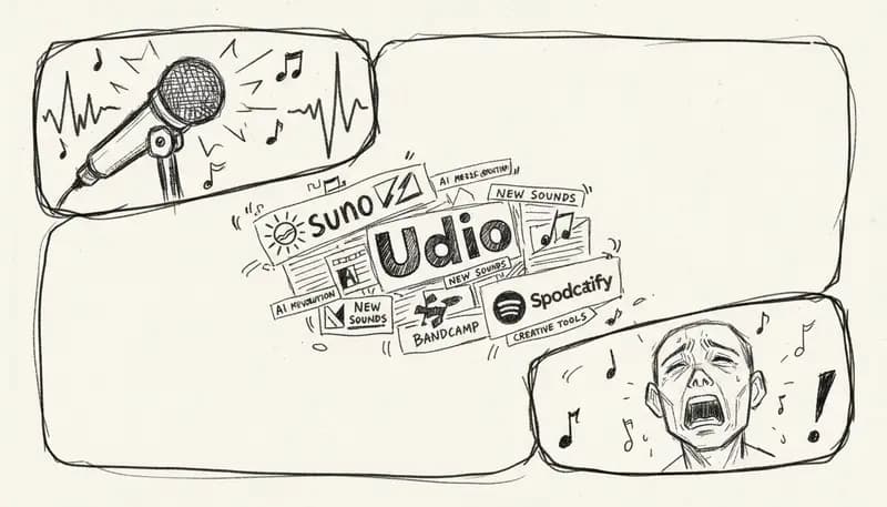 AI music news collage with major platform logos and headlines