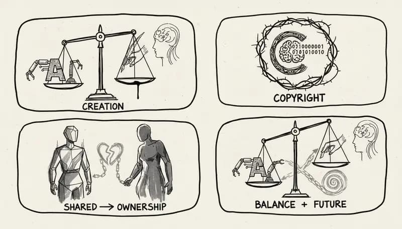 Legal scales balanced between AI and human creators - conceptual art