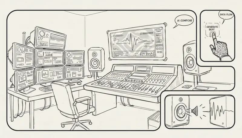 AI music production studio workspace with futuristic interface