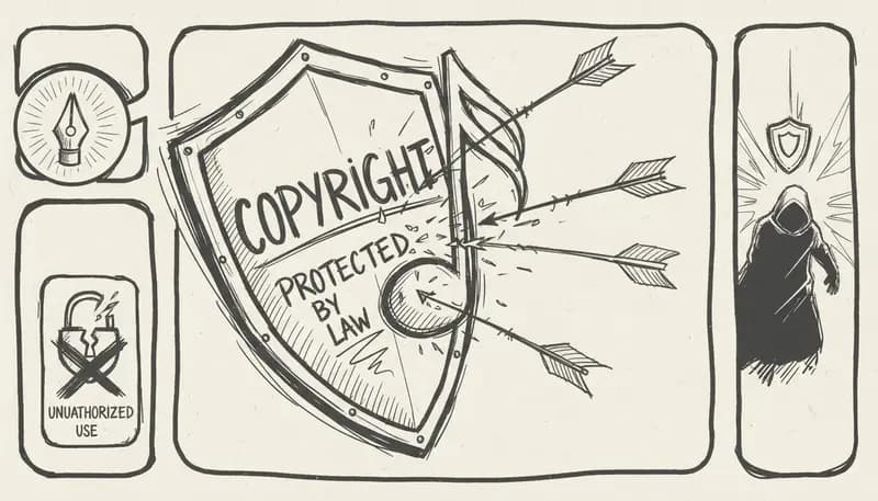 Shield protecting musical notes with copyright symbol and AI neural network - digital protection concept - modern security visualization