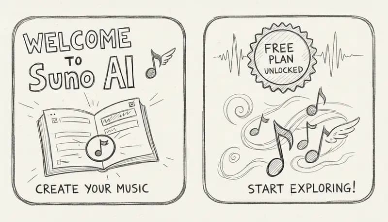 Suno AI welcome screen for free plan users - modern app interface