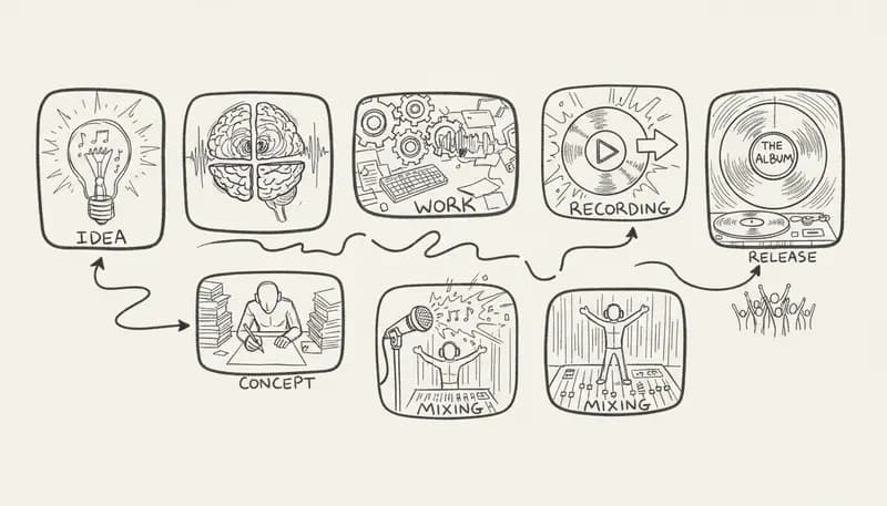 Music creation workflow visualization with AI tools at each stage