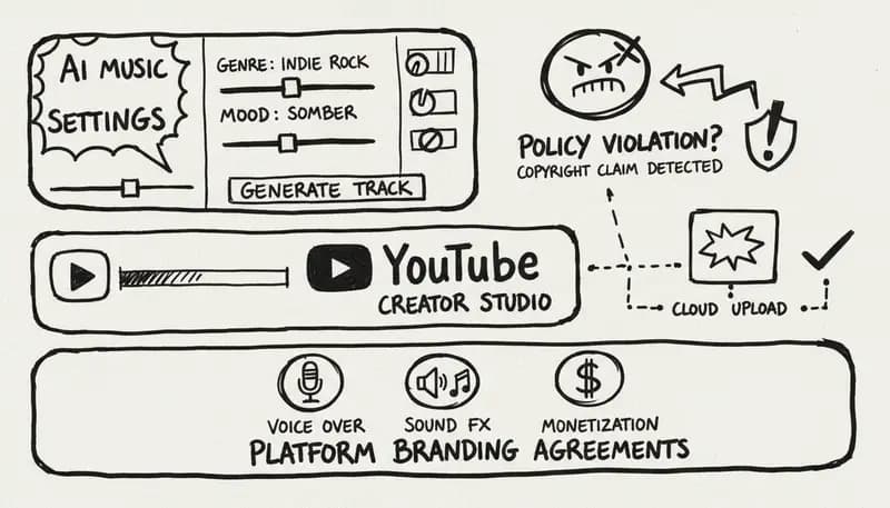 YouTube creator studio interface with AI music settings highlighted