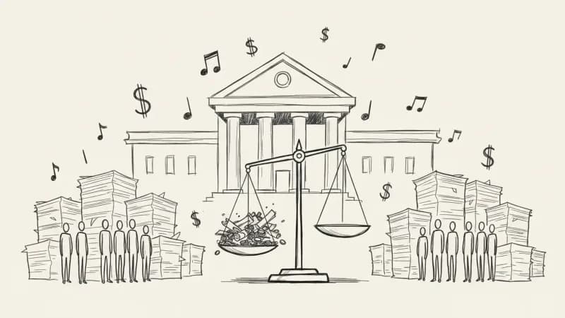 AI music lawsuits concept - minimalist courthouse sketch