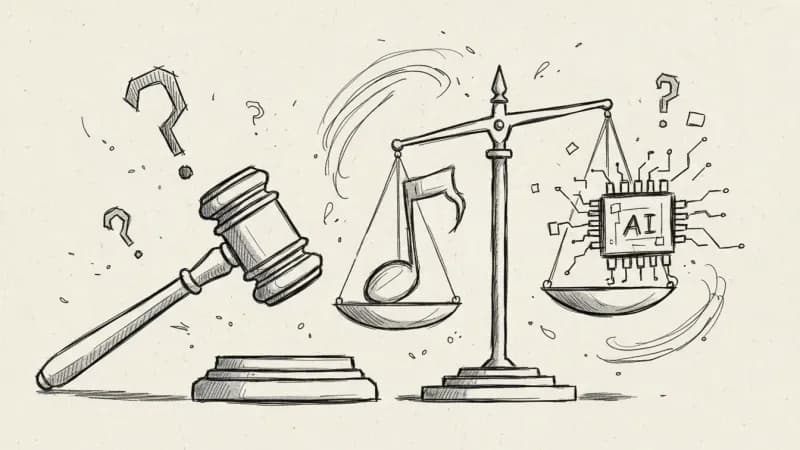 Legal scales balancing AI and copyright - justice sketch