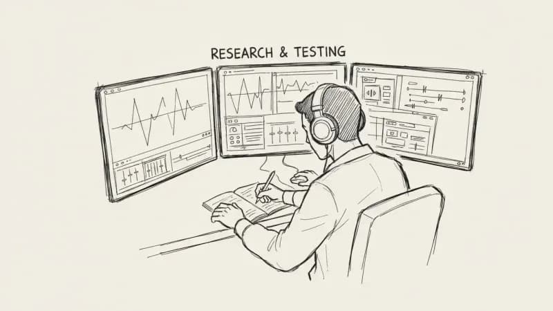 Hands-on testing methodology - sketch of person at computer with multiple screens