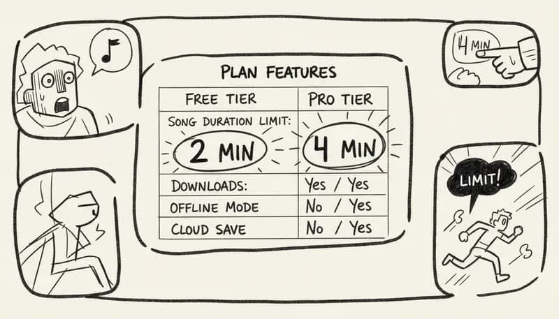 Comparison chart showing Suno AI plan features with song duration limits highlighted - clean infographic style