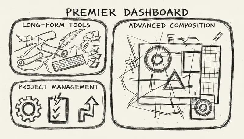 Premier plan dashboard showing long-form composition tools and project management - professional studio interface