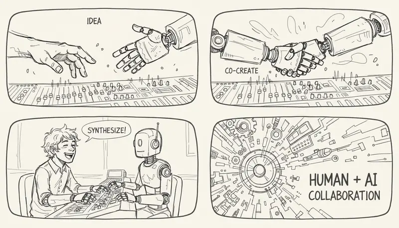 AI music production studio with digital interface and waveforms - modern music technology visualization - purple and cyan lighting