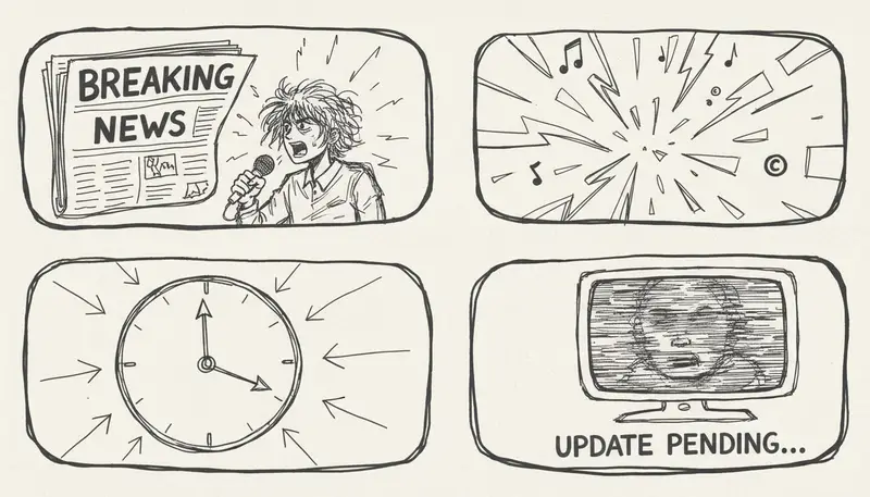 US Copyright Office building with digital AI music symbols overlay - news breaking scene - professional journalism photography style