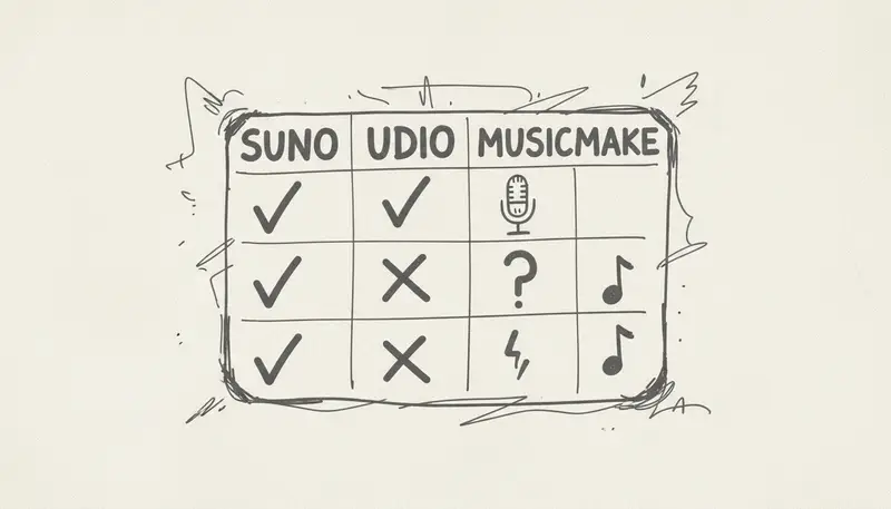AI music generator comparison chart - hand-drawn style