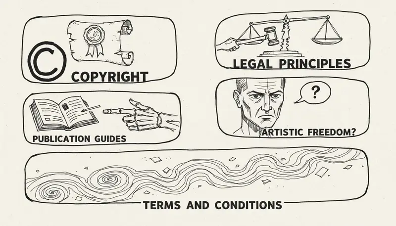 Legal document with copyright symbols and AI neural network overlay - official guidelines visualization - clean professional design