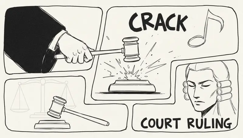 Courtroom scene with digital justice scales and music copyright symbols - landmark court ruling visualization - professional legal photography