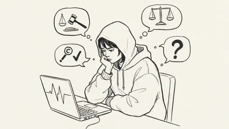 Creator considerations for AI music law - hand-drawn thinking person