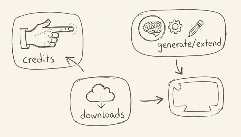 Credit system visualization showing how credits are earned and spent