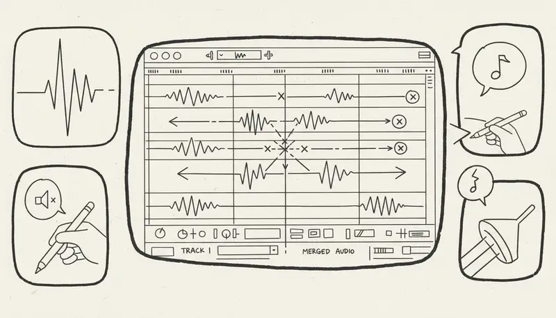 Audio editing software showing multiple Suno AI tracks being combined - DAW interface with waveforms