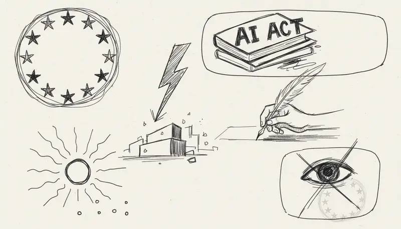 European Union flag with AI music platform logos and regulatory framework diagram - EU regulations visualization