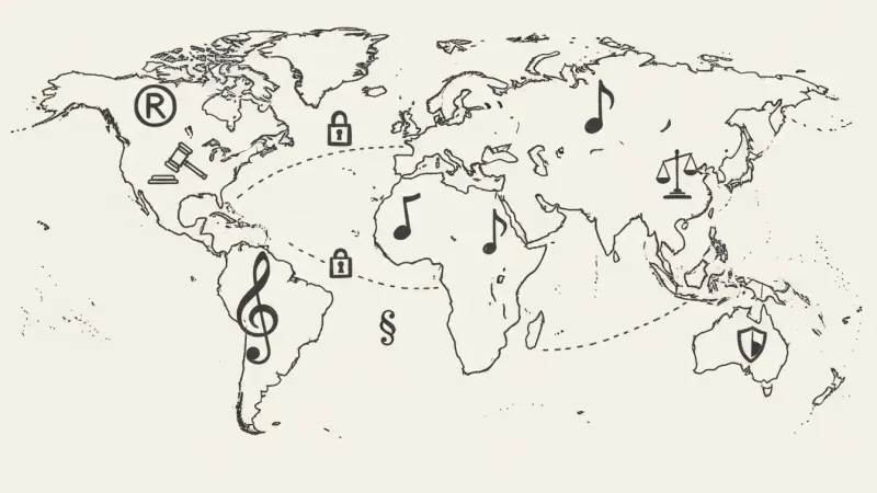 Global AI music regulations map - sparse world sketch