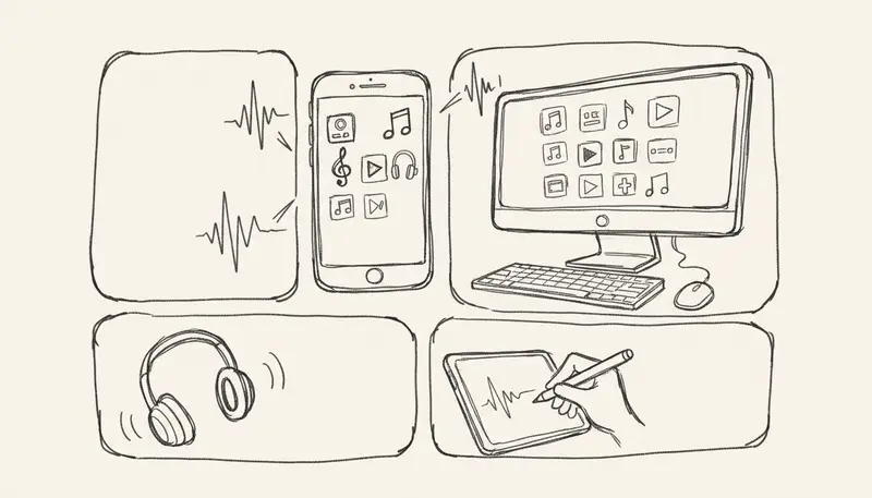 Grid of AI music app icons on smartphone and desktop