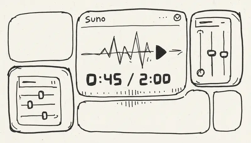 Suno AI interface showing song duration settings with music waveforms and timeline - professional music production aesthetic