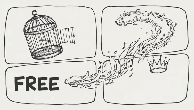 FREE and ROYALTY FREE text with musical notes and unlock icons - copyright-free concept - bright optimistic green and white design