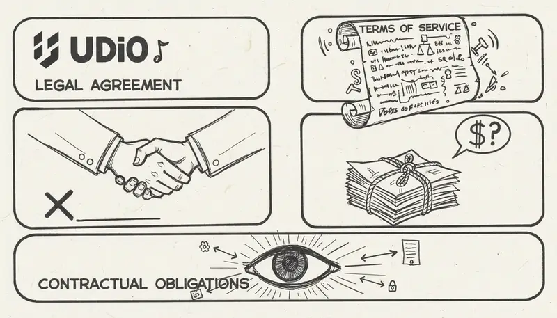 Legal document concept with Udio branding - professional legal aesthetic