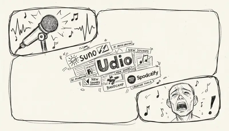 AI music news collage with major platform logos and headlines