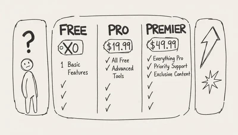 Suno AI pricing page showing three plan tiers with feature comparisons - modern SaaS pricing design
