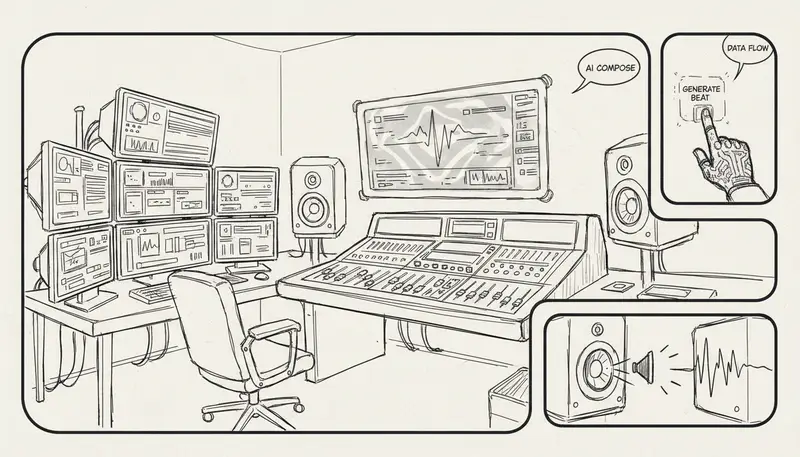 AI music production studio workspace with futuristic interface