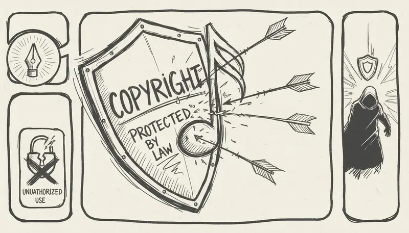 Shield protecting musical notes with copyright symbol and AI neural network - digital protection concept - modern security visualization