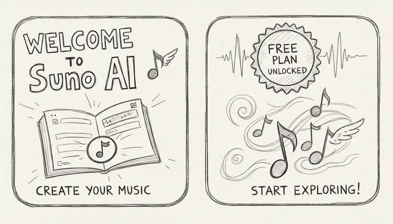 Suno AI welcome screen for free plan users - modern app interface