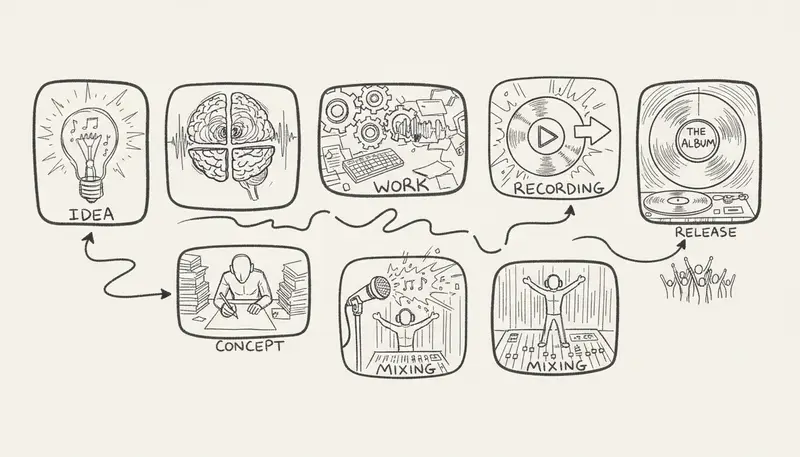 Music creation workflow visualization with AI tools at each stage