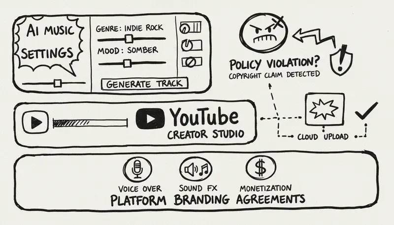 YouTube creator studio interface with AI music settings highlighted