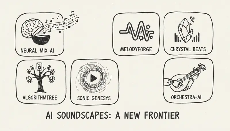 AI music generator landscape overview - minimalist sketch showing various platforms