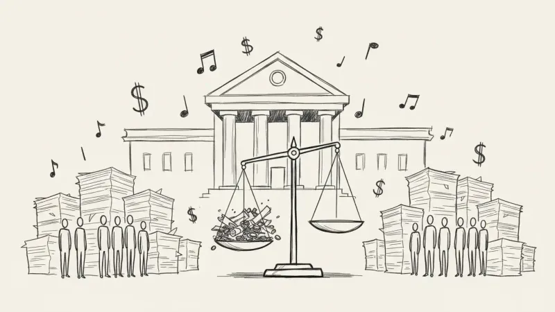 AI music lawsuits concept - minimalist courthouse sketch