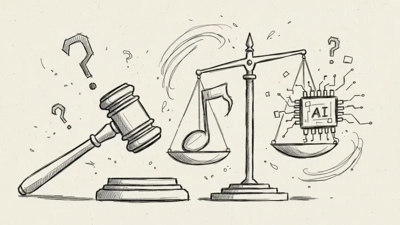 Legal scales balancing AI and copyright - justice sketch