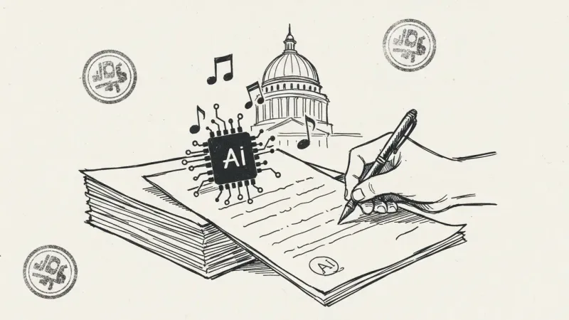 AI music legislation documents - hand-drawn papers sketch