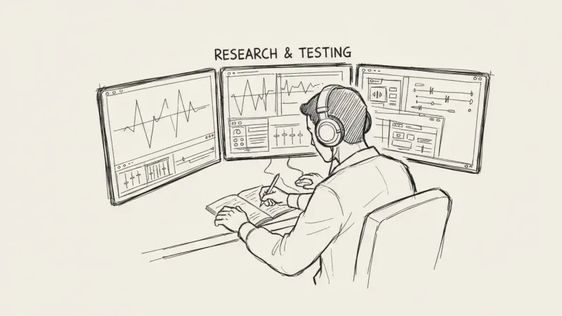 Hands-on testing methodology - sketch of person at computer with multiple screens