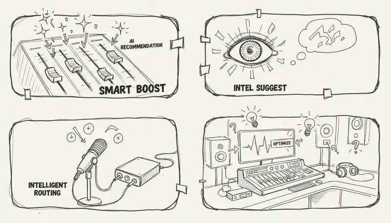Mixing console with AI recommendations overlay