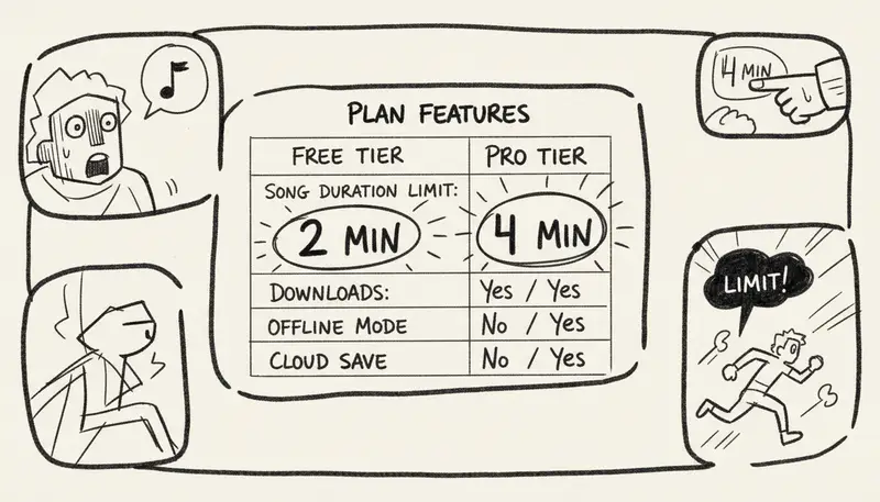 Comparison chart showing Suno AI plan features with song duration limits highlighted - clean infographic style