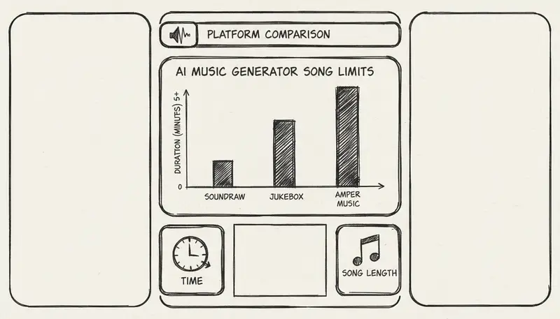 Platform comparison infographic showing song length limits across AI music generators