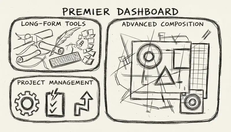Premier plan dashboard showing long-form composition tools and project management - professional studio interface